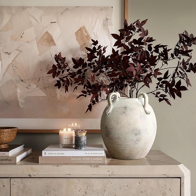 LuxenHome Vintage Ceramic Round Vase Multi Gray and White Terracotta Vaes with Handles Farmhouse Decor,Pottery Vase Living Room Decor,Large Waterpoof Vases Home Decor 11-Inch