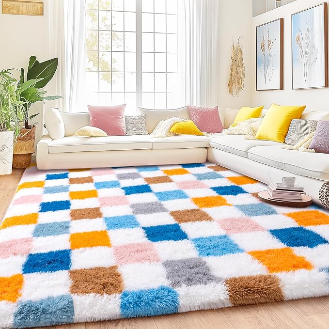 Checkered Rugs for Bedroom, Ultra Fluffy Fuzzy Shag Area Rug for Living Room 5x7, Modern Plush Soft Upgrade Non-Slip Carpet for Kids Girls and Boys Room Dorm Nursery Home Decor, Colorful