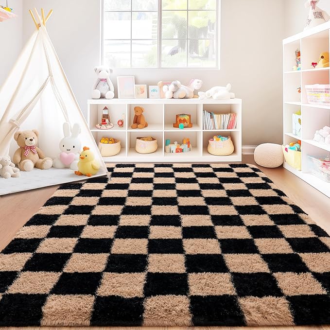 Checkered Rug for Living Room 8x10, Ultra Fluffy Fuzzy Shag Large Area Rug for Bedroom, Modern Plush Soft Upgrade Non-Slip Carpet for Kids Girls and Boys Room Dorm Home Decor, Black and Beige