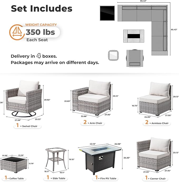 ovios 9 Pieces Patio Furniture Set, Outdoor Wicker Sectional Sofa with 42" Firepit Table Swivel Chair, Modern Modular Deep Seat Rattan Couch Conversation Sets, Beige