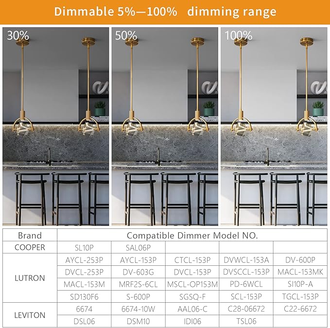 Pendant Ceiling Light Fixture for Kitchen Island, Modern Integrated LED Hanging Light, Crystal Pendant Light in Gold Brushed Brass Finish, Bedroom, Dining Room(1-Lights)