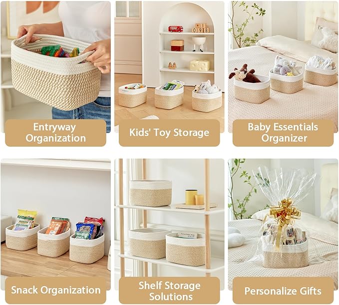 Small Cotton Rope Basket – Storage Bin for Organizing (10.6" x 6.7" x 6.7"), Bathroom Storage Basket for Shelf, Counter & Closet（White & Mixed Camel）