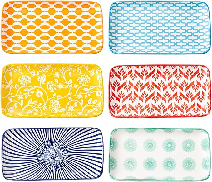 Rectangle Serving Plates Set - 8 Inch Rectangular Ceramic Dinner Appetizer Dishes - Porcelain Platter for Sushi Salad Dessert Pasta - Oven Microwave Dishwasher Safe - Set of 6 - Assorted Colors