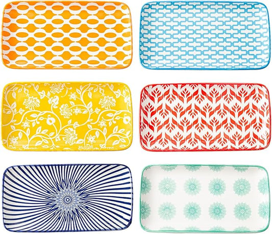Rectangle Serving Plates Set - 8 Inch Rectangular Ceramic Dinner Appetizer Dishes - Porcelain Platter for Sushi Salad Dessert Pasta - Oven Microwave Dishwasher Safe - Set of 6 - Assorted Colors