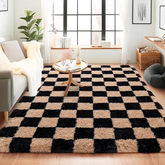 Checkered Rugs for Bedroom, Ultra Fluffy Fuzzy Shag Area Rug for Living Room 5x7, Modern Plush Soft Upgrade Non-Slip Carpet for Kids Girls and Boys Room Dorm Nursery Home Decor, Black and Beige