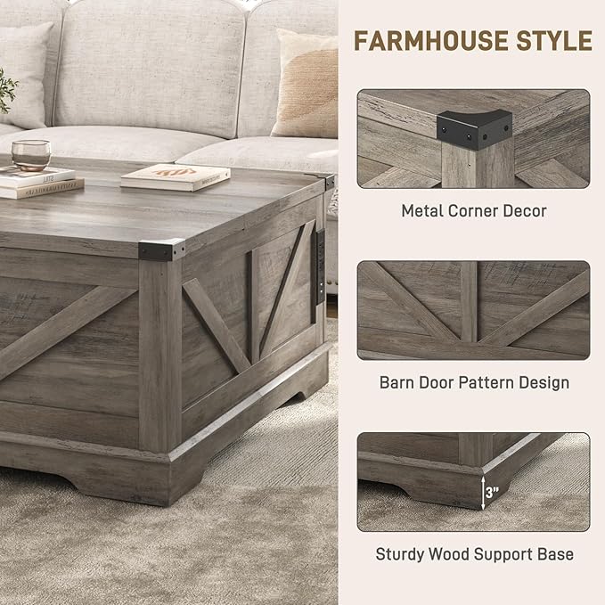 40” Large Farmhouse Lift Top Coffee Table with Power Outlets and Large Hidden Storage, Square Wood Living Room Tables, Multi-Function Lift Wooden Barn Door Center Table, Grey