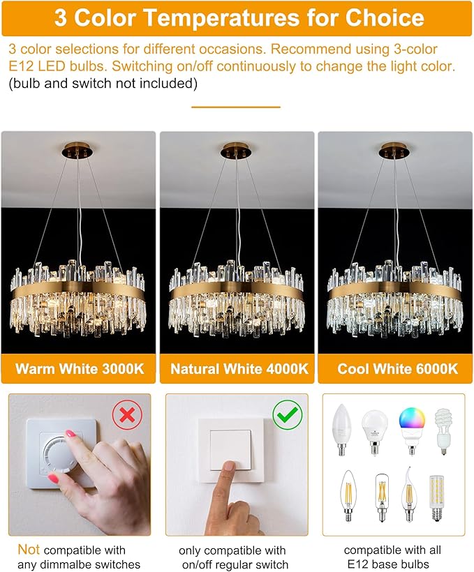 Round Crystal Chandeliers, D23.6 inch 12-Light Brass Gold Chandelier Lighting Fixture, Height Adjustable Pendant Ceiling Light for Living Room Dining Room Bedroom