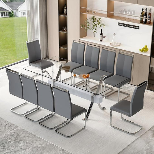 11 Piece Glass Dining Table Set, 79" Modern Dining Table Set for 10, 0.5" Thick Tempered Glass Tabletop with Silver Chrome Metal Legs and Grey Crossbar, 10 PU Chairs for Dining Room, Kitchen