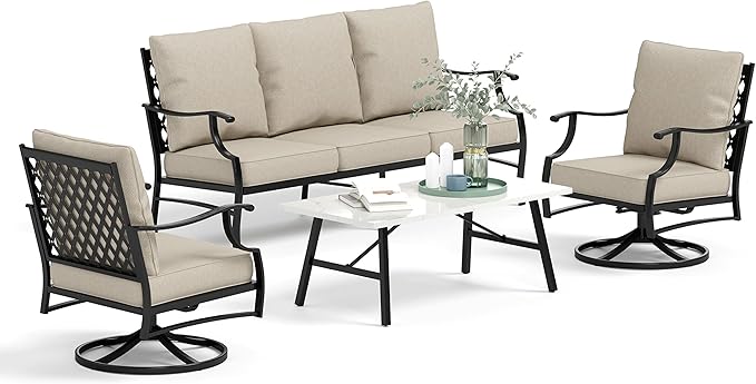 HERA'S HOUSE 4 Piece Patio Furniture Set, 2 x Swivel Cushioned Chair, 3-Seat Sofa with Marbling Coffee Table, All Weather Outdoor Conversation Set for Lawn Garden Backyard