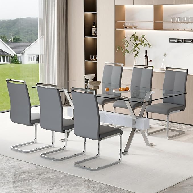 7 Piece Glass Dining Table Set, 79" Modern Dining Table Set for 6, 0.5" Thick Tempered Glass Tabletop with Silver Chrome Metal Legs and Grey Crossbar, 6 PU Chairs for Dining Room, Kitchen