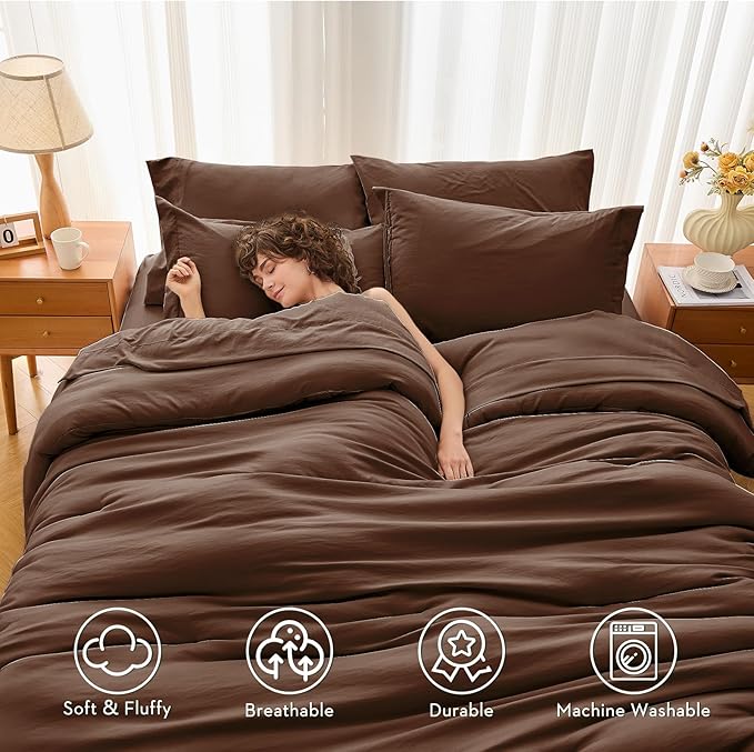 MUXHOMO 5 Pieces Twin XL Comforter Set, Soft Bed in a Bag Twin XL Size, All Season Bedding Set with Comforter, Flat Sheet, Fitted Sheet, Pillowcases & Shams, Brown
