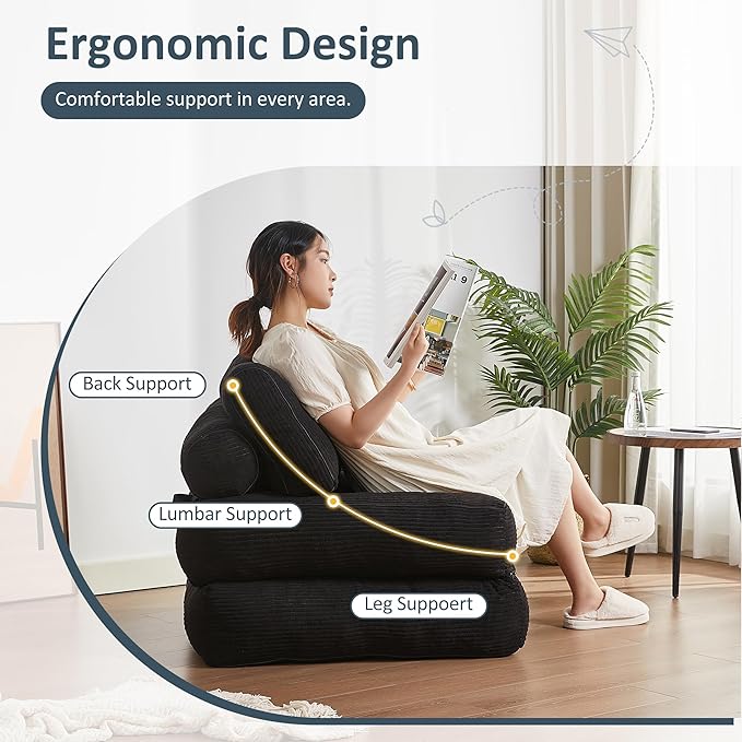 Folding Chair Bed, Futon Sofa Bed, Floor Couch for Adults Chair Bed for Living Room, Lounge Sofa, Convertible Sofa Bed, Small Couches for Small Spaces, Black