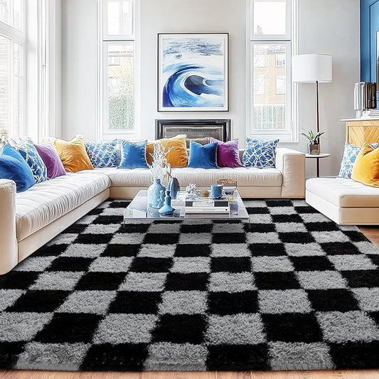 Checkered Rug for Living Room 6x9, Ultra Fluffy Fuzzy Shag Black and Grey Large Area Rug for Bedroom, Modern Plush Soft Upgrade Non-Slip Carpet for Kids Girls and Boys Room Dorm Home Decor