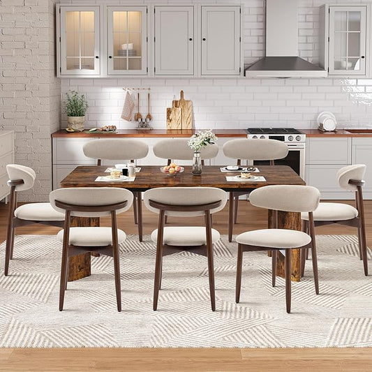 9-Piece Rectangular Dining Table Set for 8, 63" Industrial Kitchen Table with 8 Wooden Upholstered Dinner Chairs for Dining Room, Kitchen, Living Room, Brown+Beige