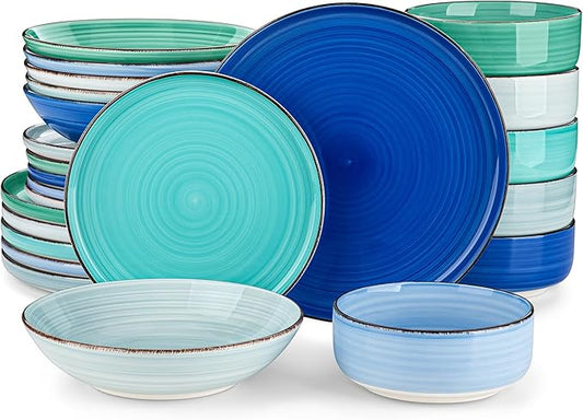 vancasso Bonita Dinnerware Sets 24 Pieces, Blue Stoneware Dishes Set for 6, Dinner Platers with Bowls Set, Dishwasher and Microwave Safe