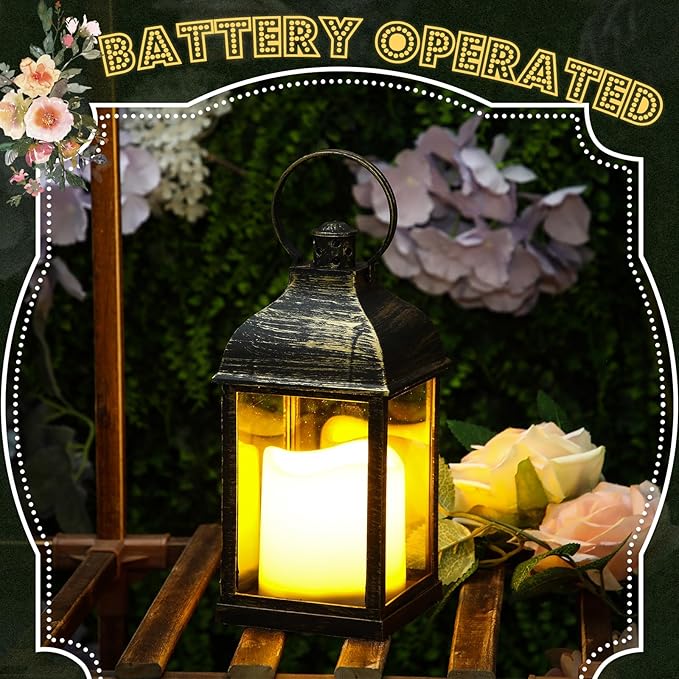 8 Pcs 10 Inch Dark Bronze Decorative Candle Lantern Bulk for Wedding Centerpieces Bronze Lanterns with LED Flameless Candle Indoor Outdoor Battery Powered Hanging Lights for Wedding Party