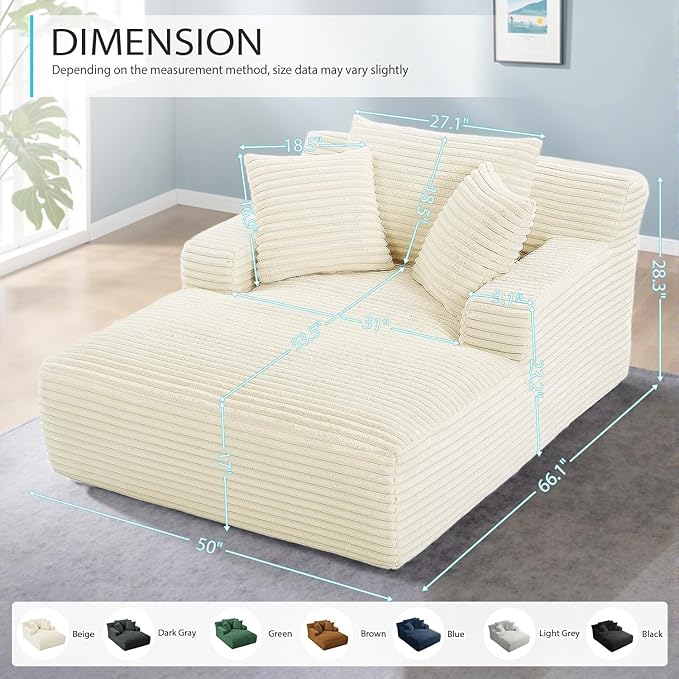 Oversized Chaise Lounge Chair Indoor, Corduroy Sofa Bed with Throw Pillows, Cozy Cloud Couch, Upholstered Sleeper Sofa Couch for Living Room, Bedroom, Apartment, White