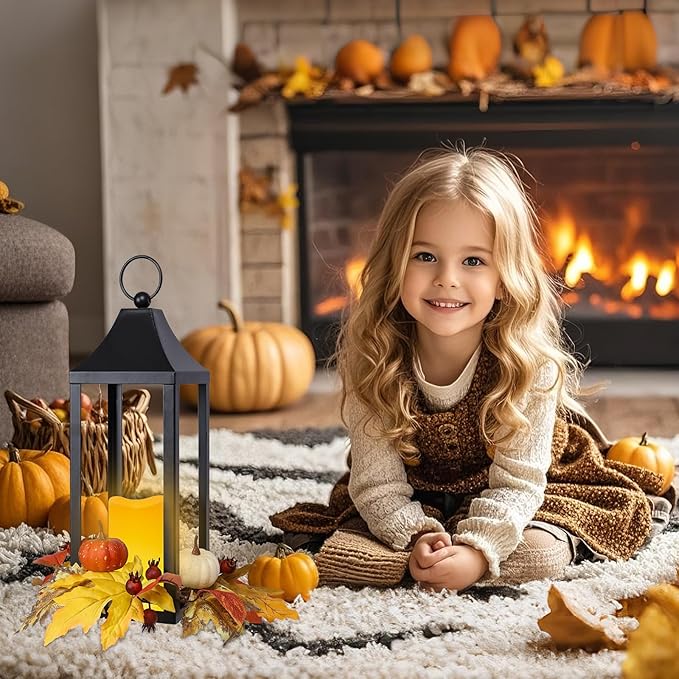 Bdor 2 Pack Fall Lantern Decor with LED Candle – 15.7 Inch Harvest Pumpkin Maple Leaf Hanging Lantern for Autumn Thanksgiving Table Centerpiece Indoor Outdoor Decoration, Battery Operated