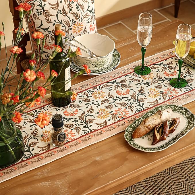 ISAENNE Designer French Elegant Linen Extra Long Table Runner 118 Inches,Farmhouse Lily Pattern Decor Table Runners for Dining Tables,Thanksgiving,Kitchen Tables,Christmas,12"*118"-Aurora A