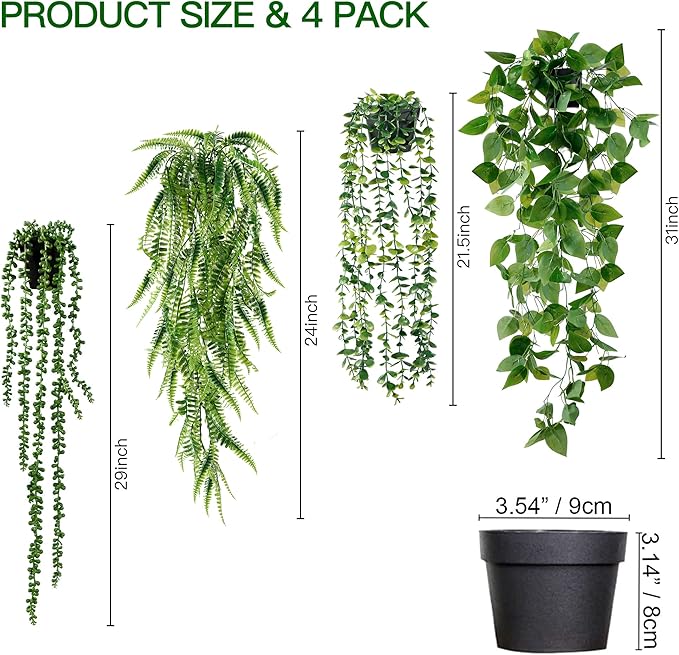 Sggvecsy Fake Hanging Plants 4 Pack Artificial Hanging Plants Fake Potted Greenery Faux Eucalyptus Vine String of Pearls Boston Fern Ivy Vine Leaves for Home Indoor Outdoor Shelf Wall Garden Decor