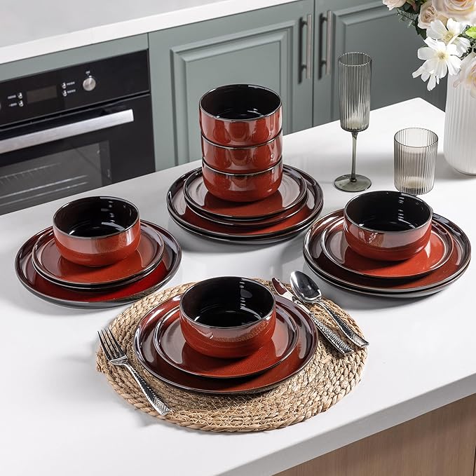 LeRatio Ceramic Dinnerware Sets for 6,Porcelain Plates and Bowls Sets,Handmade Reactive Glaze Dishes Set,Chip Resistant and Scratch Resistant | Oven&Dishwasher & Microwave Safe-Red(18PCS)