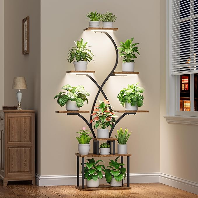 CODACE Plant Stand Indoor with Grow Lights - 62" Tall Plant Shelf Indoor, Lighted Corner Plant Stands for Indoor Plants, 8 Tiered Flower Spike-Shaped Rack for Living Room, Patio, Balcony Decor（Black