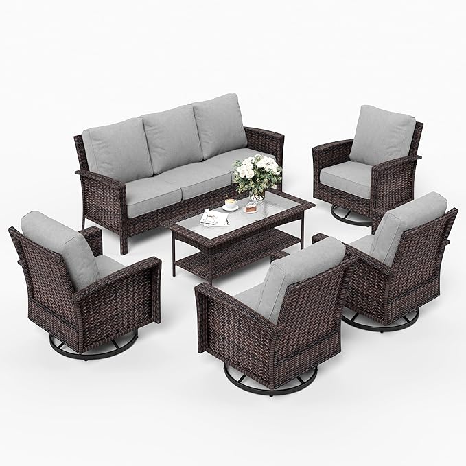 Patio Furniture Set with Swivel Chairs, High Back Wicker Rattan Furniture with 5.5" Thick Cushions and Coffee Table, Outdoor Conversation Set for Backyard Deck,7 Seats, Grey