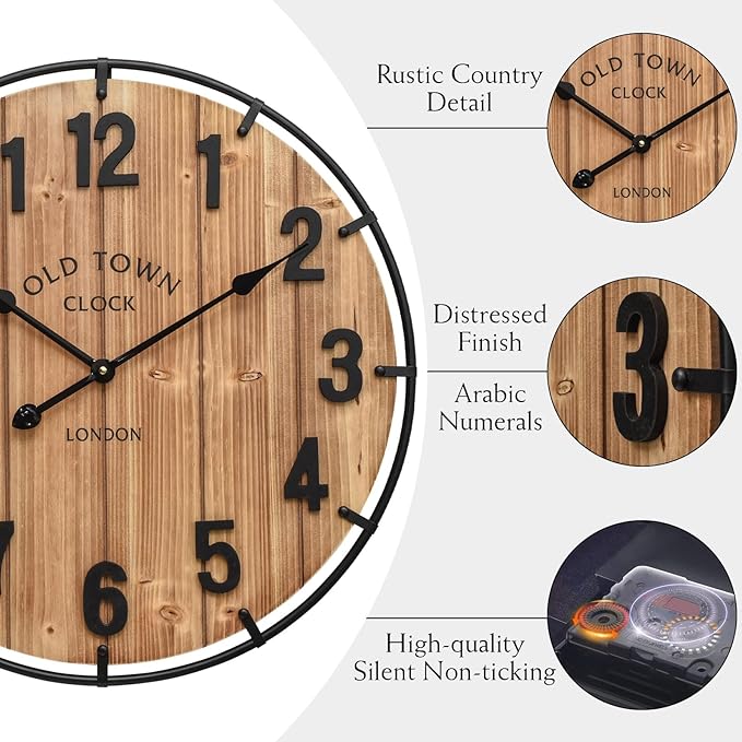24 Inch Farmhouse Wall Clock Large Old Town Vintage Rustic Wooden Clock with Metal Rim and Large Numerals, Silent Battery-Operated for Office, Kitchen, Bedroom, and Living Room