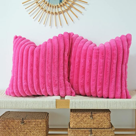 JOJUSIS Pack of 2 Faux Fur Plush Decorative Throw Pillow Covers Couch Cushion Case Soft Pillowcases (Hot Pink, 16 x 16-Inch)