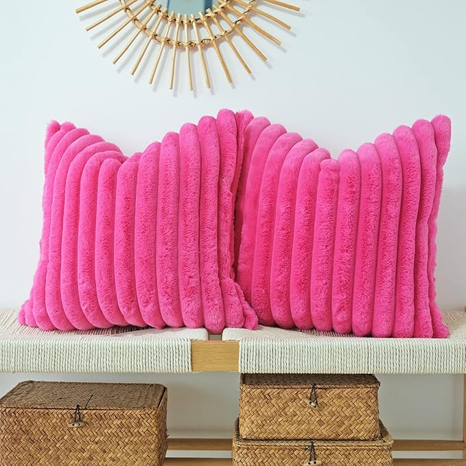 JOJUSIS Pack of 2 Faux Fur Plush Decorative Throw Pillow Covers Couch Cushion Case Soft Pillowcases (Hot Pink, 20 x 20-Inch)