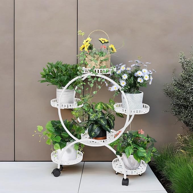 unho Metal Plant Stand 6-Potted: Flower Pot Holder with Wheels 4 Tier Display Shelf Rack for Patio Balcony Yard Garden Home Decor, White