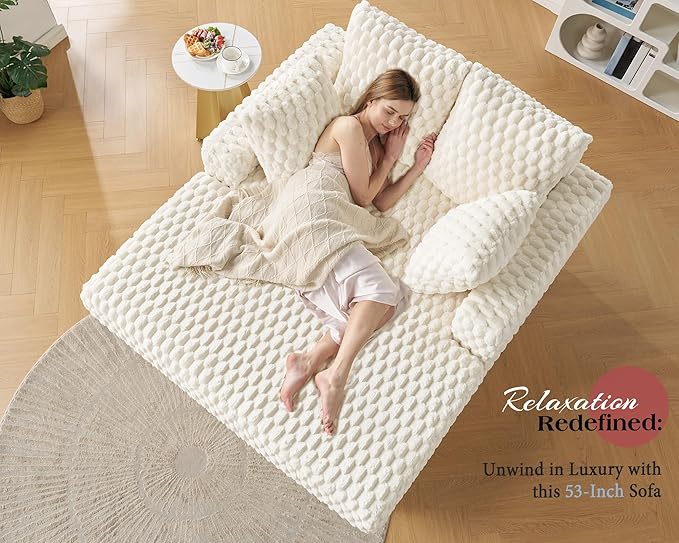VanAcc 53 Inch Chaise Lounge Indoor, Upholstered Sofa Bed with Throw Pillows and Armrests, Sleeper Bed- Plush Lounge Chair for Living Room, White