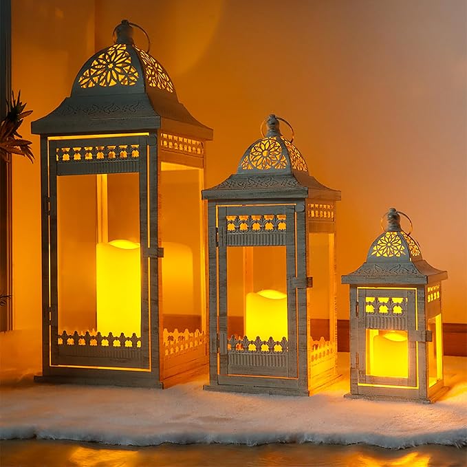 JHY DESIGN 6Pcs Decorative Candle Lanterns 20"&14.5"&9.5" High Vintage Style Hanging Lantern, Metal Candleholder for Indoor Outdoor, Events, Parties and Weddings（Beige with Gold Brush）