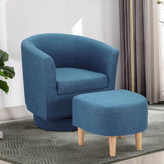 DAZONE Swivel Accent Chair, Modern Barrel Chair with Ottoman, Comfy Swivel Armchair Living Room Chairs 360 Degree Upholstered Round Club Tub Chairs for Bedroom Reading Room, Blue