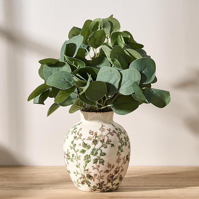 SIDUCAL Ceramic Green and Beige Antique Vase, 5.83 Inch Retro Ice Cracked Chinoiserie Floral Vase, Rustic Farmhouse Vases for Home Decor, Bookshelf, Office, Garden, Chinoiserie Decor, Tuscan Decor