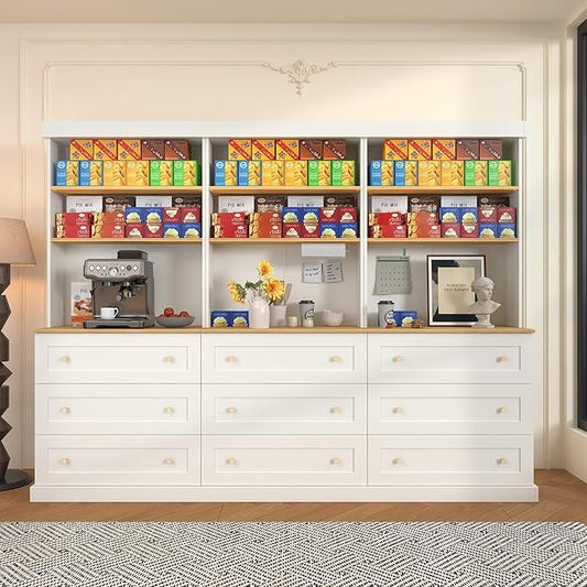 71" Farmhouse Kitchen Pantry Cabinet Set of 3 with Drawers, White Freestanding Coffee Bar Hutch with Microwave Stand, Large Storage Cabinet with Adjustable Shelves for Kitchen, Living Room