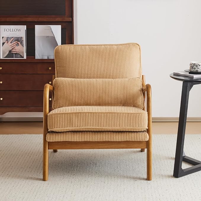 Karl home Mid-Century Modern Accent Chair, Living Room Chairs with Pillow Upholstered Lounge Armchair with Solid Wood Frame & Soft Cushion for Bedroom, Reading Room, Corduroy Khaki (Low Back)