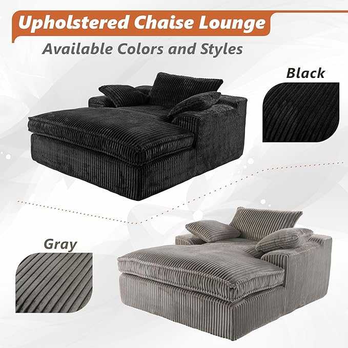 Oversized 67" Chaise Lounge Chair Indoor, Corduroy Upholstered Deep Seat Sofa Couch, Cloud-Soft Boneless Lounger, Comfy Reading Chairs for Living Room & Bedroom, No Assembly Required (Black)