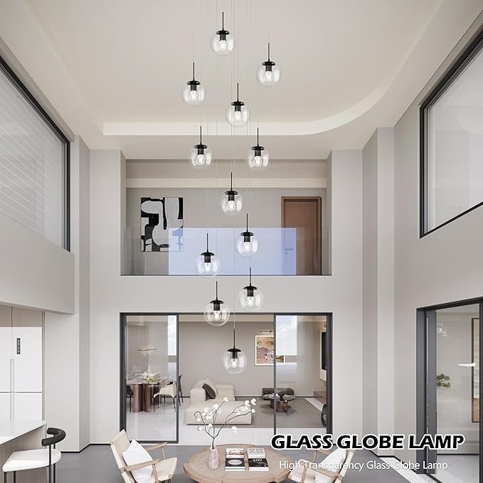 KoKo&Yukina 12-Light Black Mid Century Modern Chandelier for Living Room Staircase Chandelier for Entryway Clear Globe Glass Chandelier High Ceiling Chandeliers Foyer Entryway (Bulb & Remote Incl.)