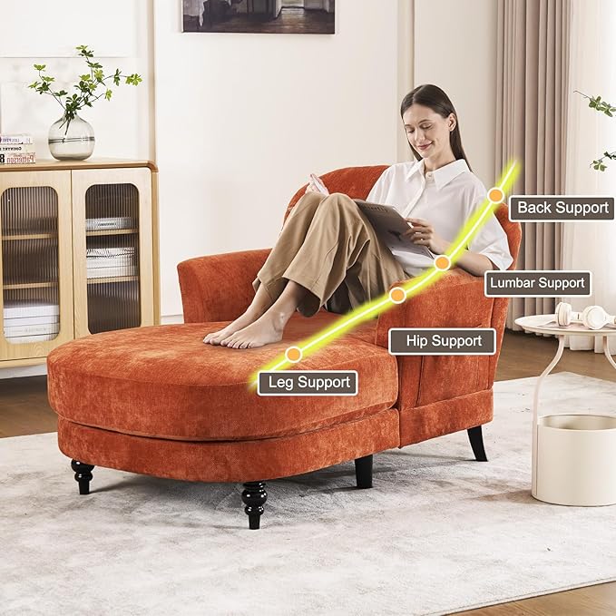 Chaise Lounge Chair Indoor, 59.8"Oversized Couch Reading Chairs, Chenille Comfortable Deep Sleeping Single Sofa, Upholstered Modern Couch Sofa Bed for Living Room, Bedroom & Apartment (Orange)
