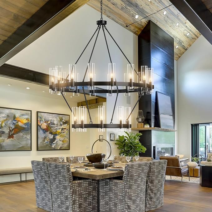 48" Black Chandelier, 2 Tier Wagon Wheel Chandelier with Glass Shade, 24-Lights Large Round Modern Farmhouse High Ceilings Pendant Lighting Fixture for Dining Room, Living Room, Kitchen, Foyer