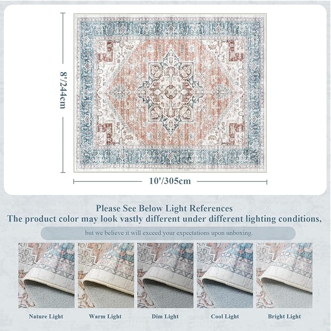 LIVEBOX 8x10 Washable Area Rug - Large Vintage Tribal Living Room Rug Oriental for Bedroom, Non-Slip Retro Medallion Carpet Print Distressed for Dining Room Guest Office