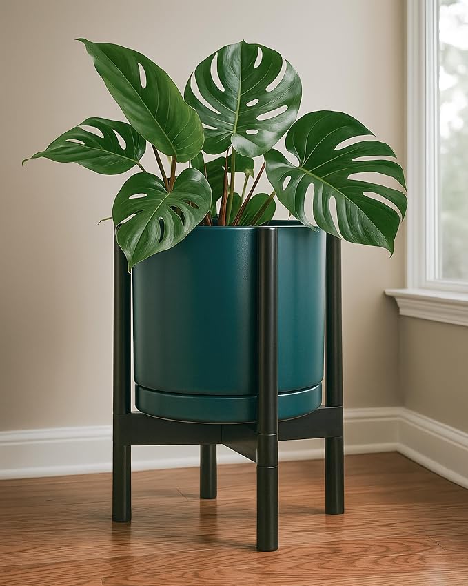 D'vine Dev Ceramic Planter with Ebony Stand - 12 Inch Modern Round Flower Pot with Wood Planter Holder, Teal, 55-B-H-4