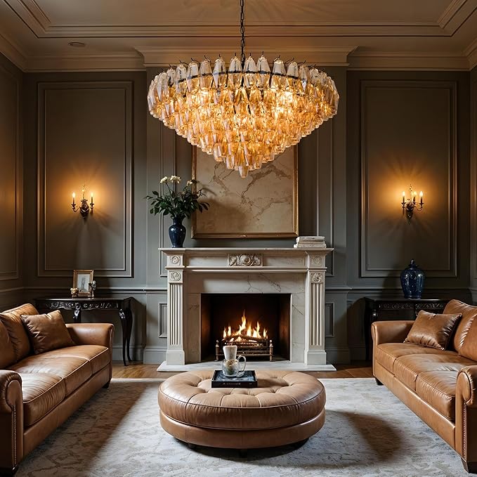 Modern Round Chandelier, 37" Extra Large Black Chandeliers for Dining Room, 14-Light with Tiered Smoke Glass Tubes Ceiling Light, Pendant Lighting Fixture for Living Room Bedroom Kitchen Island