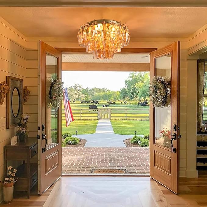 Amber Ceiling Light, 17" Modern Crystal Glass Chandelier for Bedroom, 3-Light Round Flush Mount Ceiling Ligh for Living Room, Bathroom, Hallway, Entryway – Elegant Warm Lighting Fixture