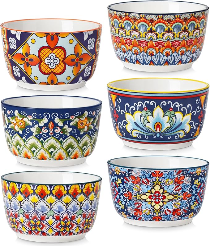 vancasso 8 Oz Ramekins Oven Safe Set of 6, Bohemian Creme Brulee Ramekins, Colorful Souffle Dishes, Pudding Custard Cups for Baking, Small Ceramic Bowls for Snacks, Ice Cream