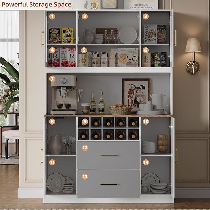 71” Kitchen Pantry Storage Cabinet with Microwave Stand, Freestanding Kitchen Hutch Cabinet with 10 Wine Racks, 5 Cabinets & 2 Drawers, 6 Doors Modern Food Pantry Coffee Bar Hutch White
