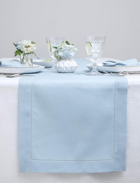 Solino Home Linen Sky Blue Table Runner 60 Inches - Classic Hemstitch, 100% Pure Linen Coffee Table Runner 14 x 60 Inch Ideal for Dresser Tables - Holiday