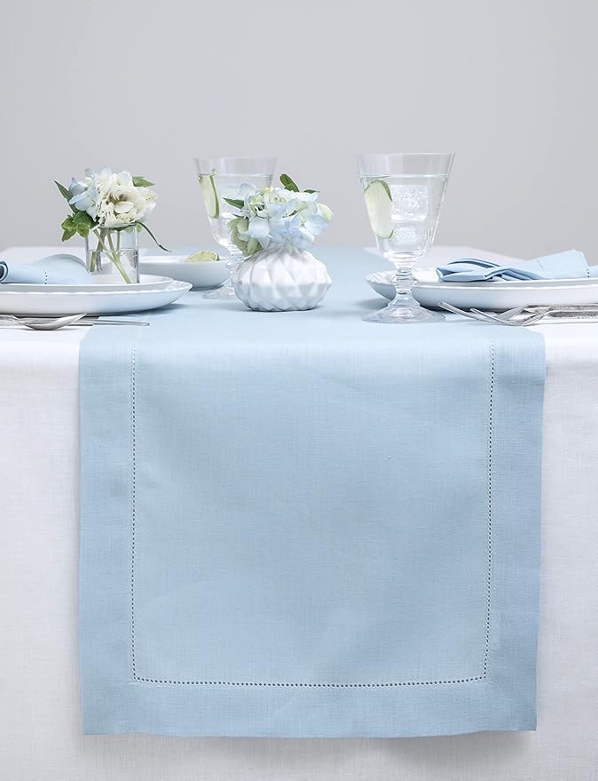 Solino Home Linen Hemstitch Table Runner 108 Inches Long - 100% Pure Linen Sky Blue Table Runner 14 x 108 Inch for Holiday - Classic Hemstitch