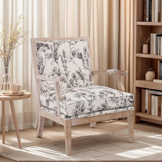 Floral Accent Chair Mid-Century Modern Living Room Chairs Upholstered Fabric Reading Chair Lounge Armchair with Solid Wood Frame & Removable Cushion for Bedroom, Balcony, Floral Pattern